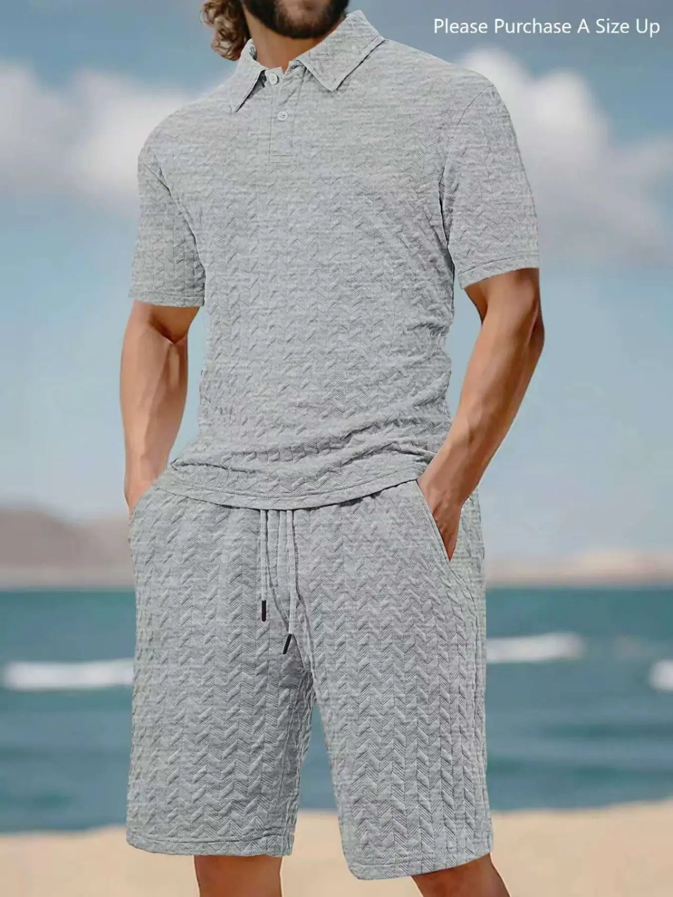 Please Purchase a Size Up. Men'S Solid Polo Shirt & Drawstring Waist Shorts Set, Cozy Breathable Two-Piece Outfits for Daily Outdoor Wear, Men Clothes for Summer.