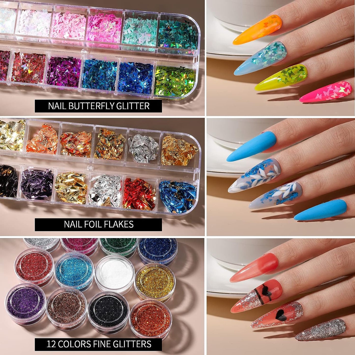 Fandamei Nagelkunst-Set, Nageldesign-Werkzeugset Mit Nagelkunstpinseln, Nagelpunktierungswerkzeugen, Feinem Glitzer, Nagelschmetterling, Nagelherz-Glitzer-Pailletten, Nagelfolienflocken, Nagelkunst-St