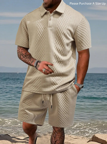 Please Purchase a Size Up. Men'S Solid Polo Shirt & Drawstring Waist Shorts Set, Cozy Breathable Two-Piece Outfits for Daily Outdoor Wear, Men Clothes for Summer.