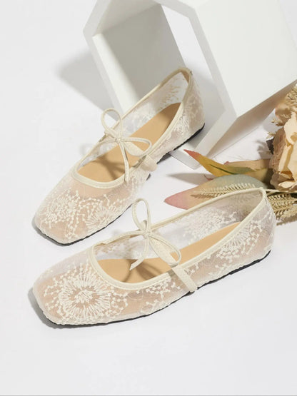 Women'S Embroidered Mesh Netted Ballet Flats, Elegant Square-Toe Flat Shoes for Parties and Daily Wear, Lightweight Breathable Comfortable Footwear for Women & Girls, Ballerina Flats Shoes