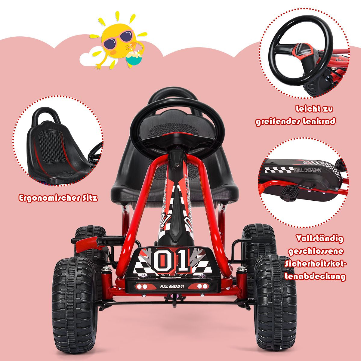 Gokart Mit Verstellbarem Sitz & Handbremse Tretauto Bis 30Kg Belastbar Pedal Go Cart