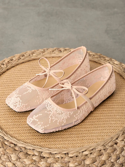 Women'S Embroidered Mesh Netted Ballet Flats, Elegant Square-Toe Flat Shoes for Parties and Daily Wear, Lightweight Breathable Comfortable Footwear for Women & Girls, Ballerina Flats Shoes