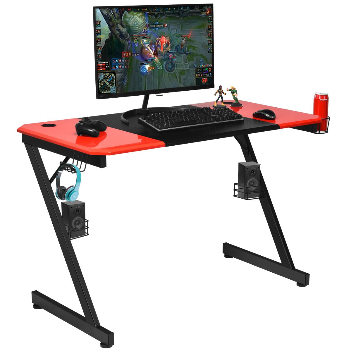 Z-Förmiger Gaming Tisch Computertisch PC Tisch Mit Becherhalter Kopfhörerhaken & Boxenständer Schreibtisch Schwarz/Rot