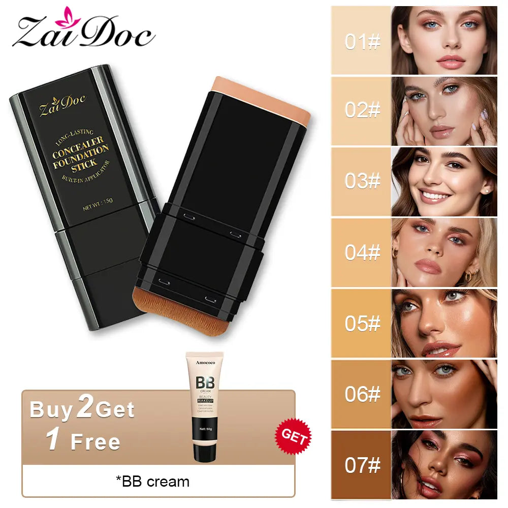 Zaidoc 7-Color Dual -Ended Concealer Foundation Stick, 2-In-1 Long-Lasting Foundation and Concealer with Brush, Creamy Full Coverage for Dark Circles & Blemishes, Hydrating Olive & Camellia, 2.09 Oz