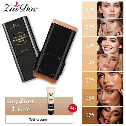 Zaidoc 7-Color Dual -Ended Concealer Foundation Stick, 2-In-1 Long-Lasting Foundation and Concealer with Brush, Creamy Full Coverage for Dark Circles & Blemishes, Hydrating Olive & Camellia, 2.09 Oz