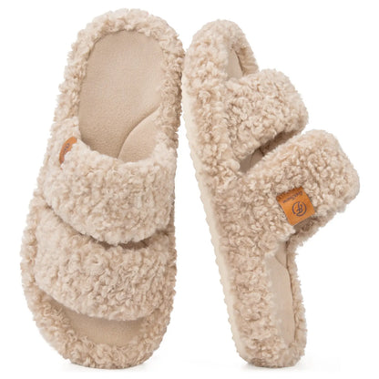 Everfoams Women'S Fuzzy Open-Toe Slippers – Stylish Classic Slides with Soft Memory Foam, Non-Slip Rubber Sole, Perfect Cozy Footwear ,Girl Fur Flipflop Walking Shoes Fluffy Modern Sleeper Slip on Clog, Gifts for Mom, Summervibes, Mother'S Day Gift