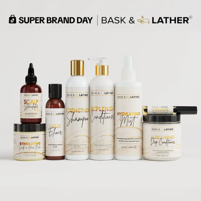 Bask & Lather Ultimate Healthy Hair Care Bundle - Limited Edition with JUMBO Scalp Stimulator, Hair Elixir, Hydrating Mist, Stimulating Balm, Strengthen Shampoo, Replenish Conditioner, Aloe & Honey Deep Conditioner, Volume Serum