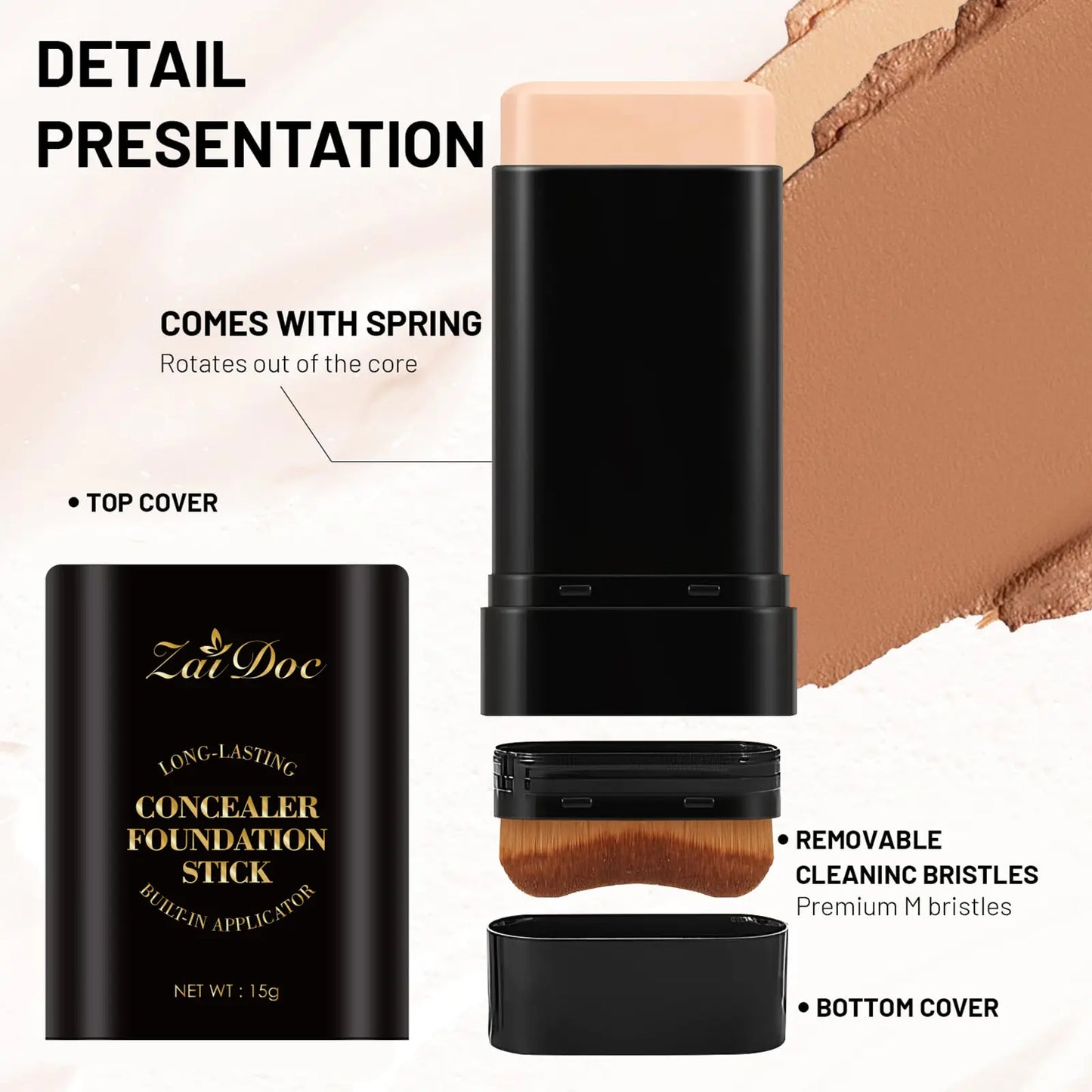Zaidoc 7-Color Dual -Ended Concealer Foundation Stick, 2-In-1 Long-Lasting Foundation and Concealer with Brush, Creamy Full Coverage for Dark Circles & Blemishes, Hydrating Olive & Camellia, 2.09 Oz