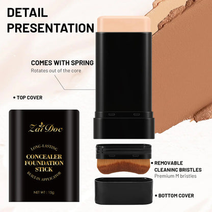 Zaidoc 7-Color Dual -Ended Concealer Foundation Stick, 2-In-1 Long-Lasting Foundation and Concealer with Brush, Creamy Full Coverage for Dark Circles & Blemishes, Hydrating Olive & Camellia, 2.09 Oz