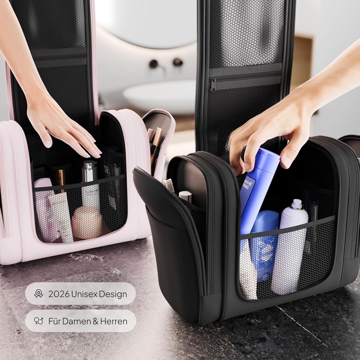 ® Kulturbeutel Design 2026, 3-In-1 Kulturtasche Zum Aufhängen Mit 7 Liter Stauraum Für Damen Und Herren, Kosmetiktasche Für Reise, Große Waschtasche, Waschbeutel, Schwarz Matt