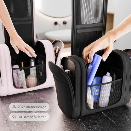 ® Kulturbeutel Design 2026, 3-In-1 Kulturtasche Zum Aufhängen Mit 7 Liter Stauraum Für Damen Und Herren, Kosmetiktasche Für Reise, Große Waschtasche, Waschbeutel, Schwarz Matt
