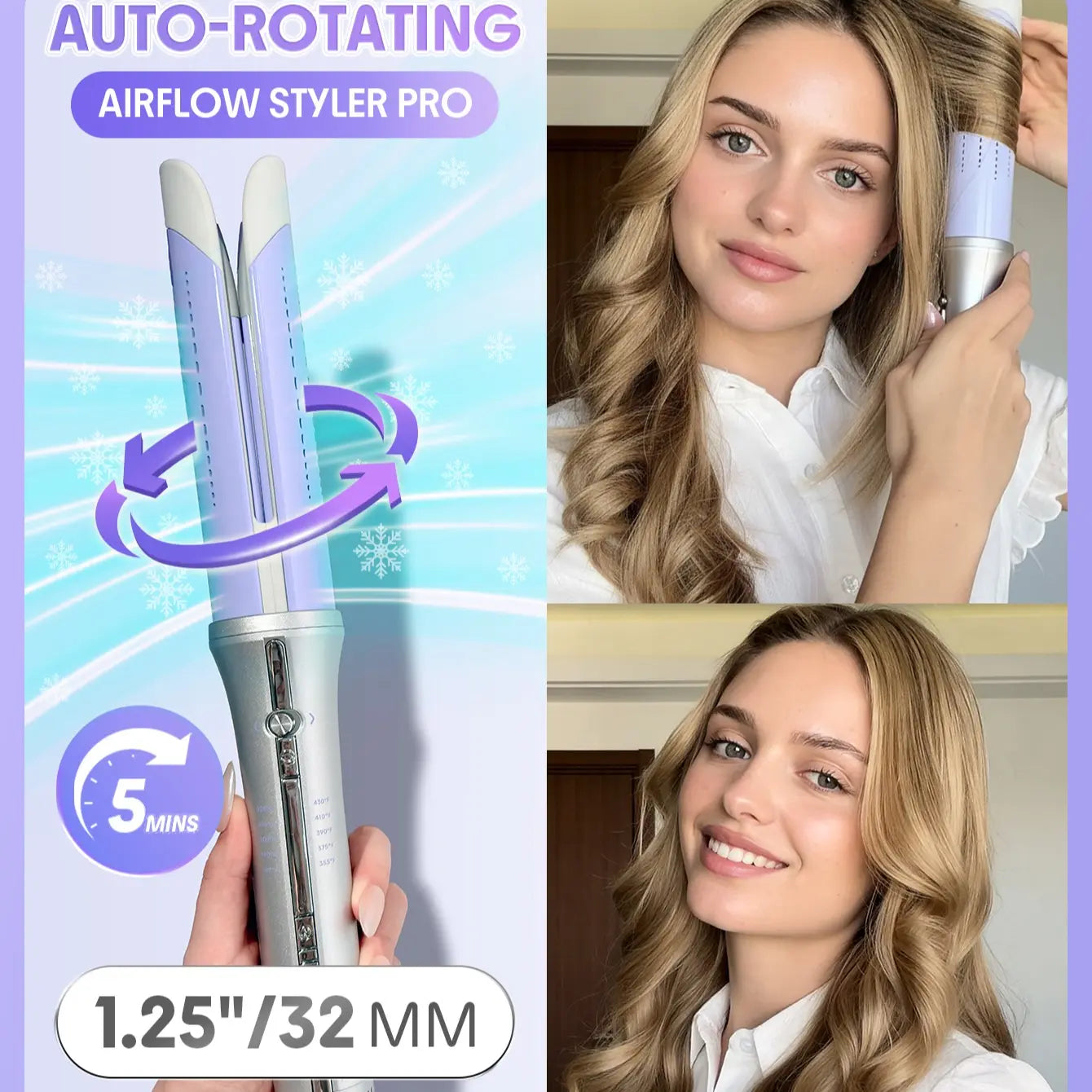 SHEGLAM HAIR One Touch Airflow Styler Pro-Silver Purple, Cool Air Auto Rotating Curling Iron, 5 Min Quick Styling, 360° Cooling Airflow, One Touch, Long Lasting, 5 Temps, anti Scald, Auto Off, All Hair Types, US Plug-Coachella-#Summervibes-Mothersdaygift