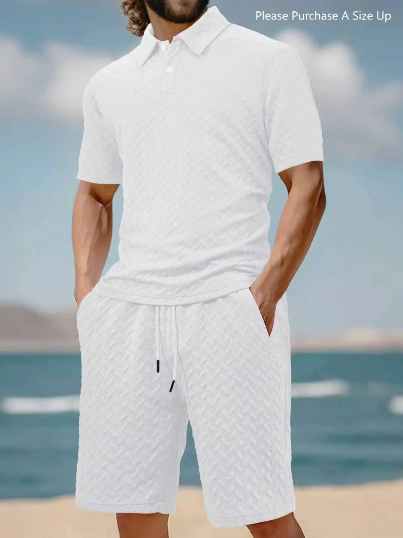 Please Purchase a Size Up. Men'S Solid Polo Shirt & Drawstring Waist Shorts Set, Cozy Breathable Two-Piece Outfits for Daily Outdoor Wear, Men Clothes for Summer.