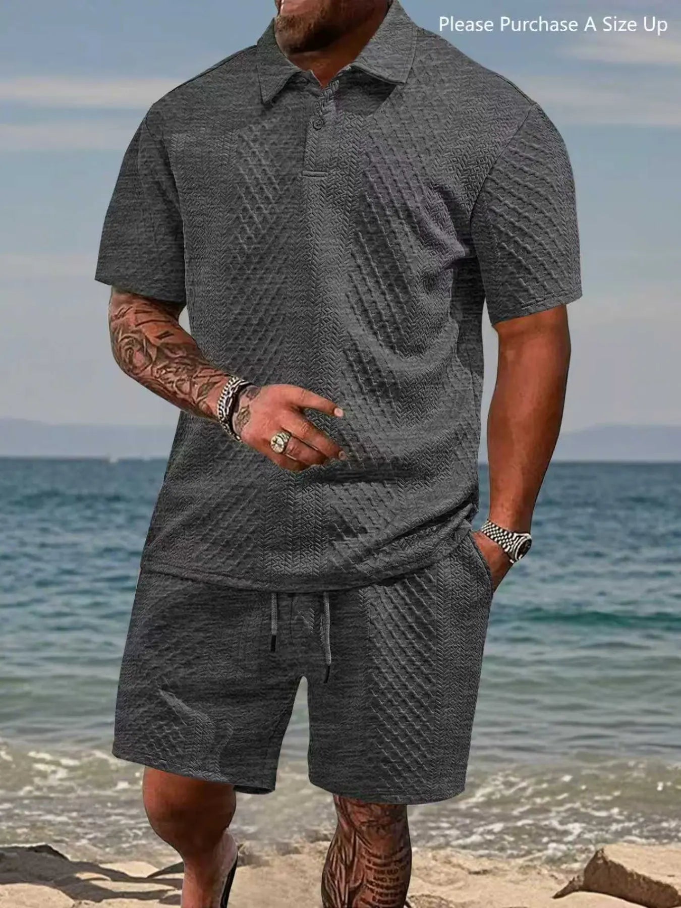 Please Purchase a Size Up. Men'S Solid Polo Shirt & Drawstring Waist Shorts Set, Cozy Breathable Two-Piece Outfits for Daily Outdoor Wear, Men Clothes for Summer.