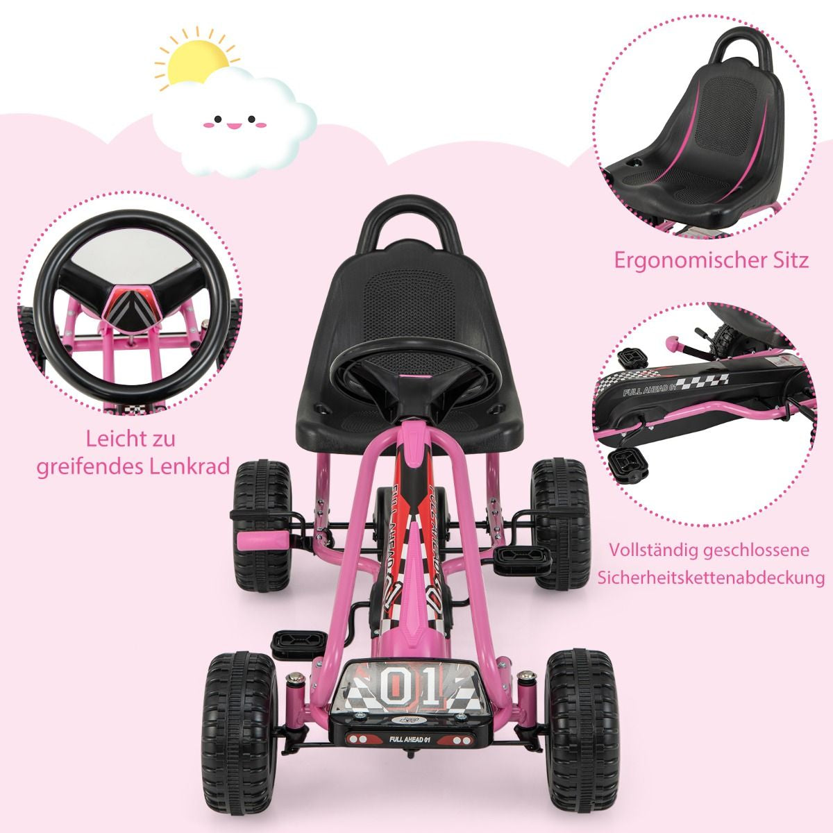 Gokart Mit Verstellbarem Sitz & Handbremse Tretauto Bis 30Kg Belastbar Pedal Go Cart