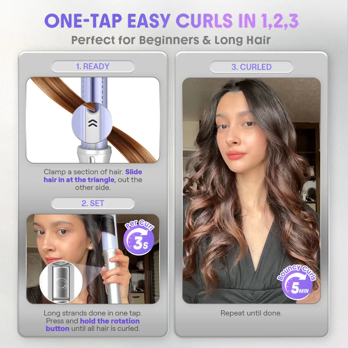 SHEGLAM HAIR One Touch Airflow Styler Pro-Silver Purple, Cool Air Auto Rotating Curling Iron, 5 Min Quick Styling, 360° Cooling Airflow, One Touch, Long Lasting, 5 Temps, anti Scald, Auto Off, All Hair Types, US Plug-Coachella-#Summervibes-Mothersdaygift