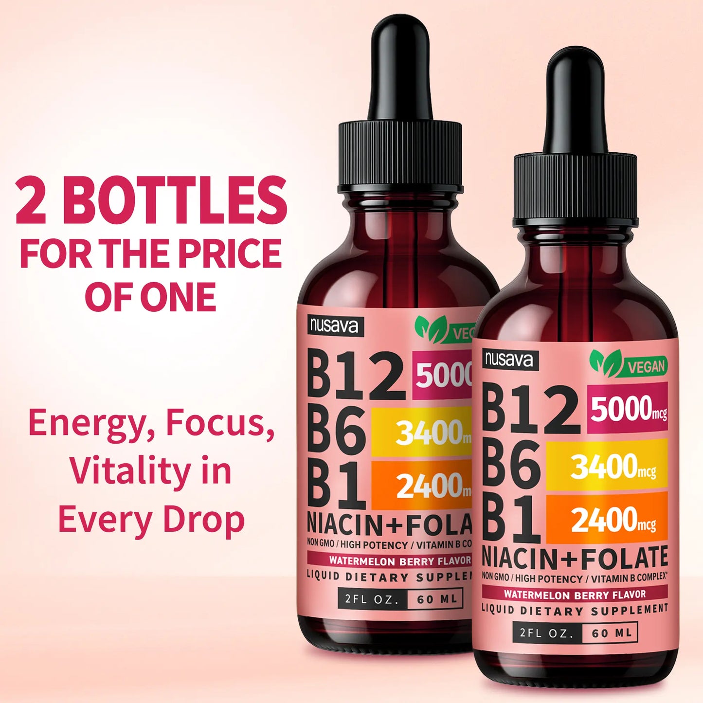 (2-PACK) Vitamin B12 Liquid Supplement Drops with B6, B1, Niacin & Folate - Edible Support for Energy, Brain & Heart, Non-Gmo & Gluten-Free, 4 Fl Oz Fitness Dietary