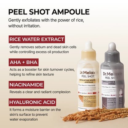 [Dr.Melaxin Official] Peel Shot Glow Rice Ampoule Duo - Peel Shot Gentle Exfoliator for Glowing, Smooth Skin | Blackhead Whitehead Care | Korean Skincare