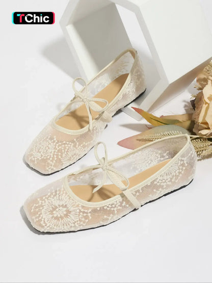 Women'S Embroidered Mesh Netted Ballet Flats, Elegant Square-Toe Flat Shoes for Parties and Daily Wear, Lightweight Breathable Comfortable Footwear for Women & Girls, Ballerina Flats Shoes