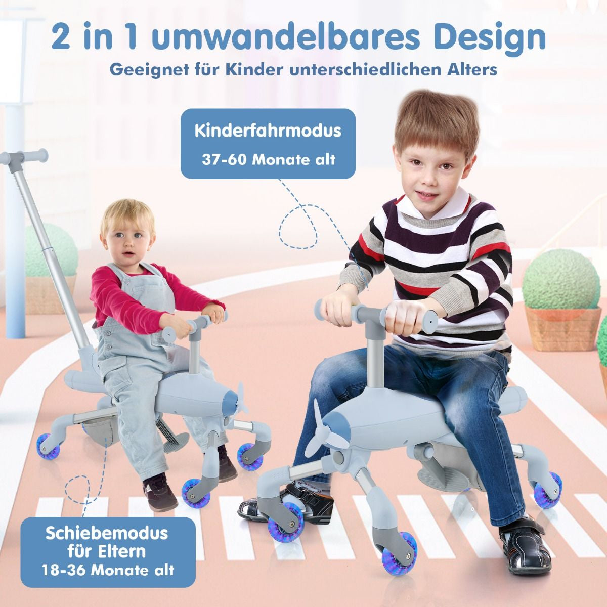 2-In-1-Rutschauto Für Kinder Schiebewagen Im Flugzeugmotiv Mit Led-Beleuchteten Rädern Bis Zu 50Kg Tragbar Blau/Rosa