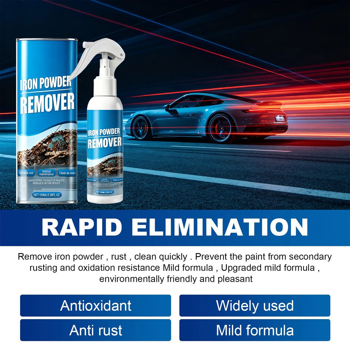 Automotive Rust Remover Spray (100ML) - Fast-Acting Iron & Rust Cleaner for Wheels, Rims, Metal Surfaces - Car Detailing Products, Detailing Products Chemicals - Safe on Most Automotive Finishes, Cars, Motorcycles