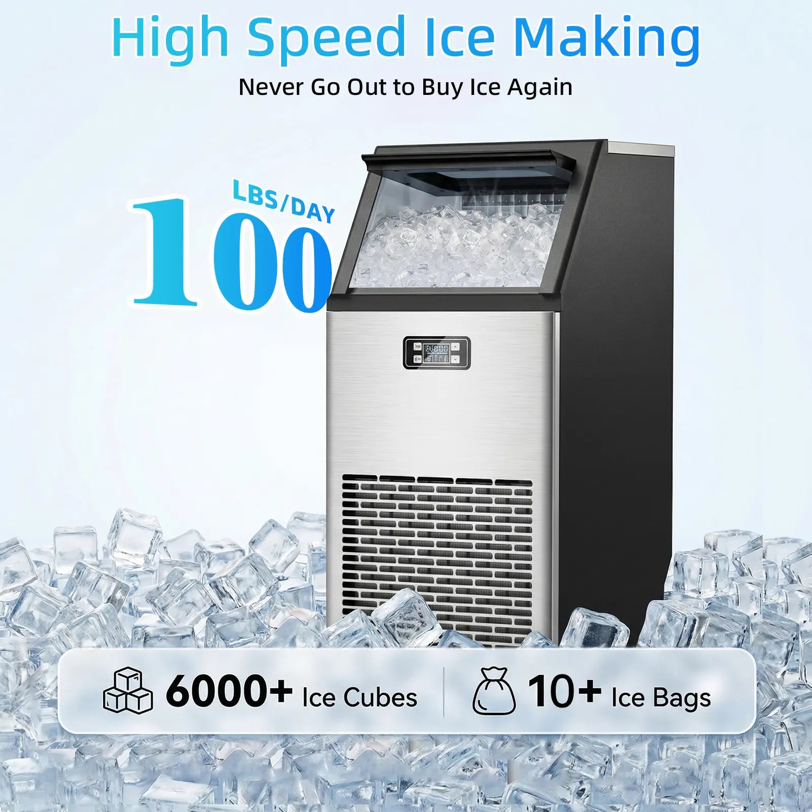 COWSAR Commercial Ice Maker V2.0, 100 Lbs, 2-Way Add Water, Large Ice Maker Self Cleaning, Ice Machine with 24 Hour Timer,33 Lbs Basket, Stainless Steel Ice Makers for School, Home, Bar, RV