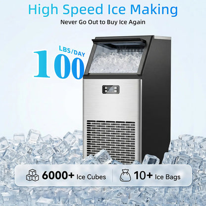 COWSAR Commercial Ice Maker V2.0, 100 Lbs, 2-Way Add Water, Large Ice Maker Self Cleaning, Ice Machine with 24 Hour Timer,33 Lbs Basket, Stainless Steel Ice Makers for School, Home, Bar, RV