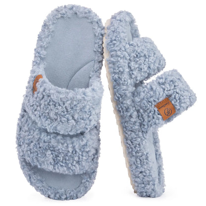 Everfoams Women'S Fuzzy Open-Toe Slippers – Stylish Classic Slides with Soft Memory Foam, Non-Slip Rubber Sole, Perfect Cozy Footwear ,Girl Fur Flipflop Walking Shoes Fluffy Modern Sleeper Slip on Clog, Gifts for Mom, Summervibes, Mother'S Day Gift