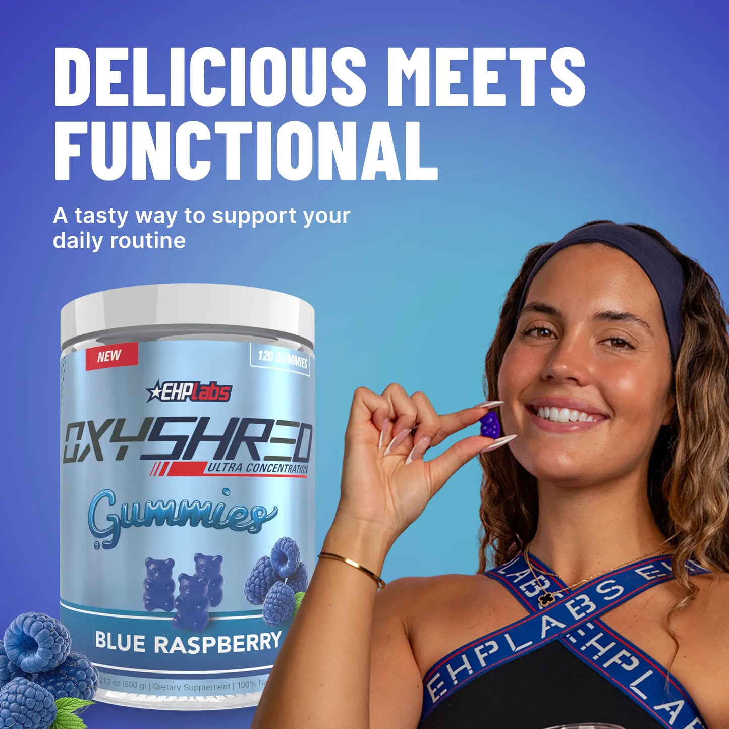 Ehplabs Oxyshred Gummies | 120Ct Juicy Strawberry & Blue Raspberry Pre Workout Gummy Zero Added Sugar L Carnitine & Natural Caffeine on the Go Energy, Edible Preworkout