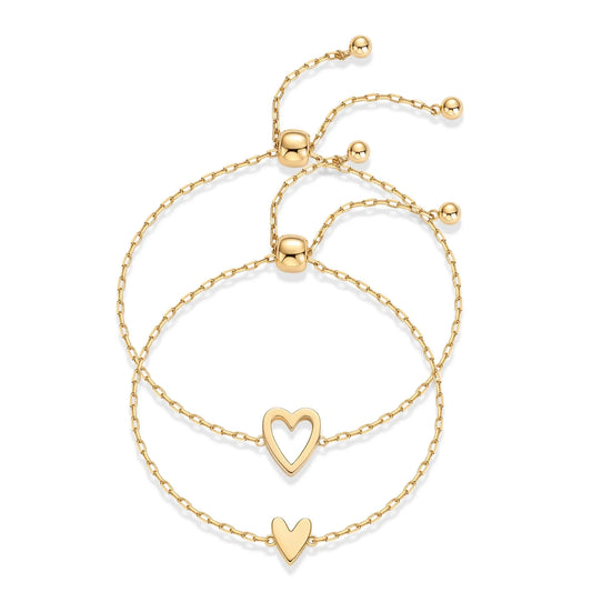 PAVOI 14K Gold Plated Adjustable Matching Bracelets for Women – Heart Charm and BFF Friendship Styles