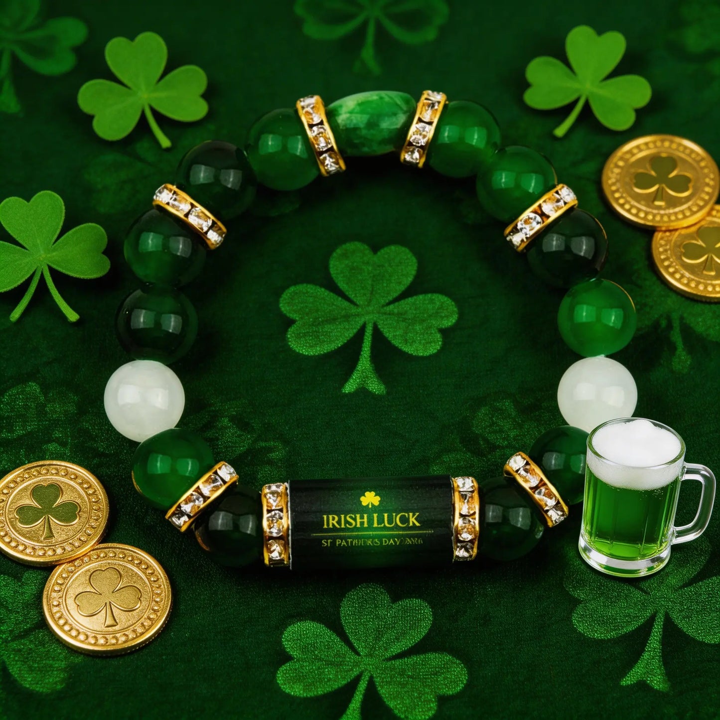 Irish Luck St. Patrick'S Day Bracelet | Green Agate Lucky Clover Beaded Bracelet with Rhinestones | Luck Bracelet - Attract Wealth, Abundance and Perfect Good Luck Gift for 2026!