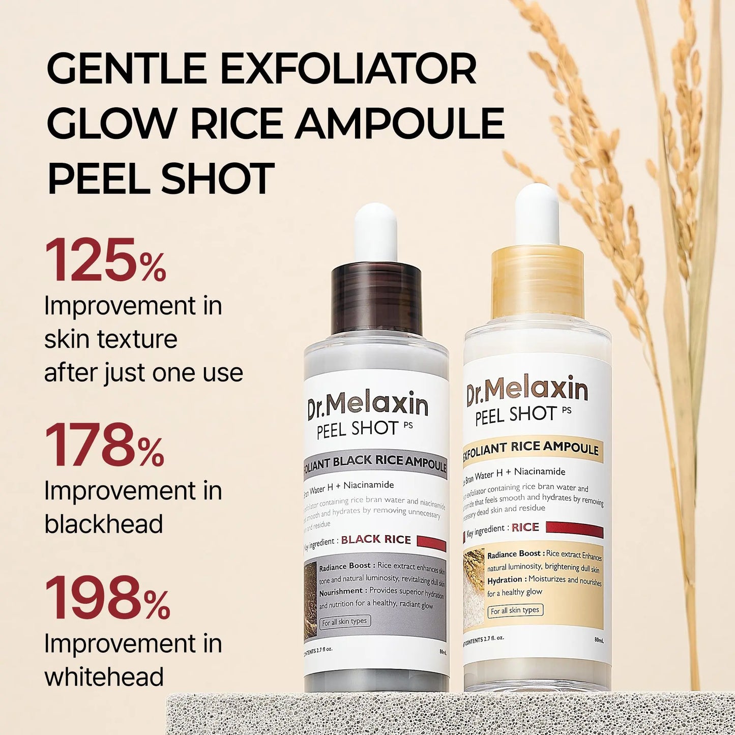 [Dr.Melaxin Official] Peel Shot Glow Rice Ampoule Duo - Peel Shot Gentle Exfoliator for Glowing, Smooth Skin | Blackhead Whitehead Care | Korean Skincare