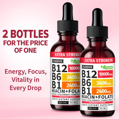(2-PACK) Vitamin B12 Liquid Supplement Drops with B6, B1, Niacin & Folate - Edible Support for Energy, Brain & Heart, Non-Gmo & Gluten-Free, 4 Fl Oz Fitness Dietary