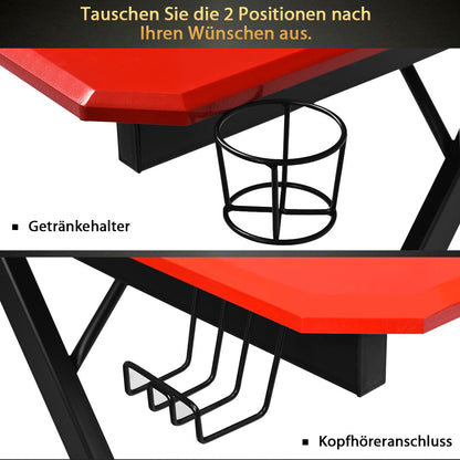 Z-Förmiger Gaming Tisch Computertisch PC Tisch Mit Becherhalter Kopfhörerhaken & Boxenständer Schreibtisch Schwarz/Rot