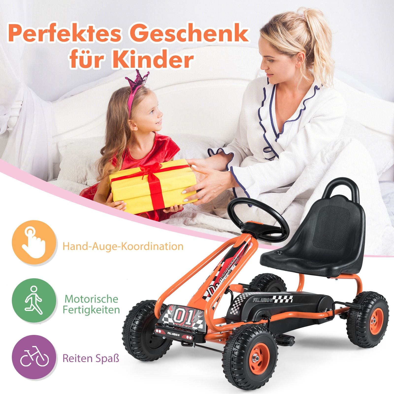 Gokart Mit Verstellbarem Sitz & Handbremse Tretauto Bis 30Kg Belastbar Pedal Go Cart