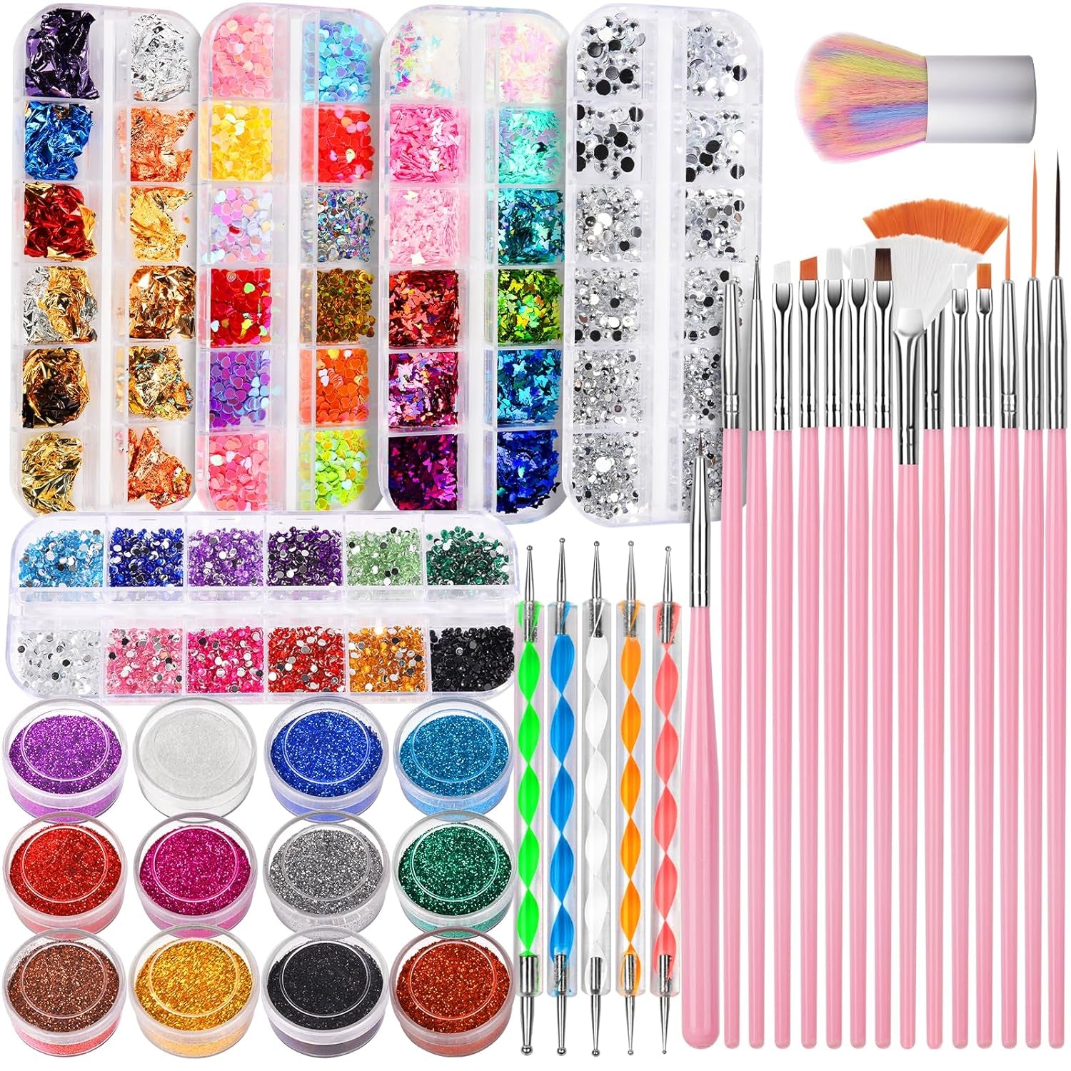 Fandamei Nagelkunst-Set, Nageldesign-Werkzeugset Mit Nagelkunstpinseln, Nagelpunktierungswerkzeugen, Feinem Glitzer, Nagelschmetterling, Nagelherz-Glitzer-Pailletten, Nagelfolienflocken, Nagelkunst-St