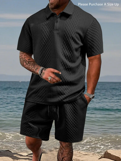Please Purchase a Size Up. Men'S Solid Polo Shirt & Drawstring Waist Shorts Set, Cozy Breathable Two-Piece Outfits for Daily Outdoor Wear, Men Clothes for Summer.