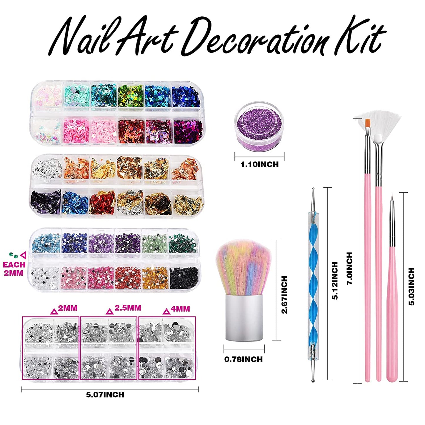 Fandamei Nagelkunst-Set, Nageldesign-Werkzeugset Mit Nagelkunstpinseln, Nagelpunktierungswerkzeugen, Feinem Glitzer, Nagelschmetterling, Nagelherz-Glitzer-Pailletten, Nagelfolienflocken, Nagelkunst-St