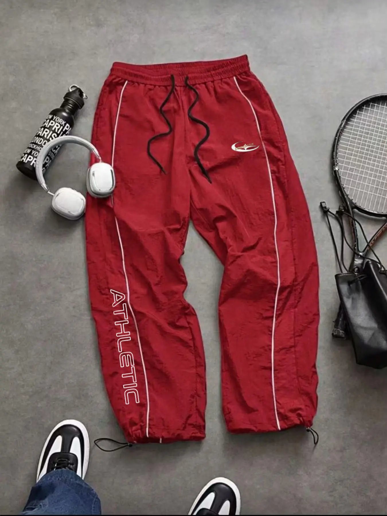 Men'S Casual Sporty Long Pants, Athleisure Pants, Loose Fit Elastic Cuff, Fashionable Print, Lightweight Fabric, Perfect for Daily Wear