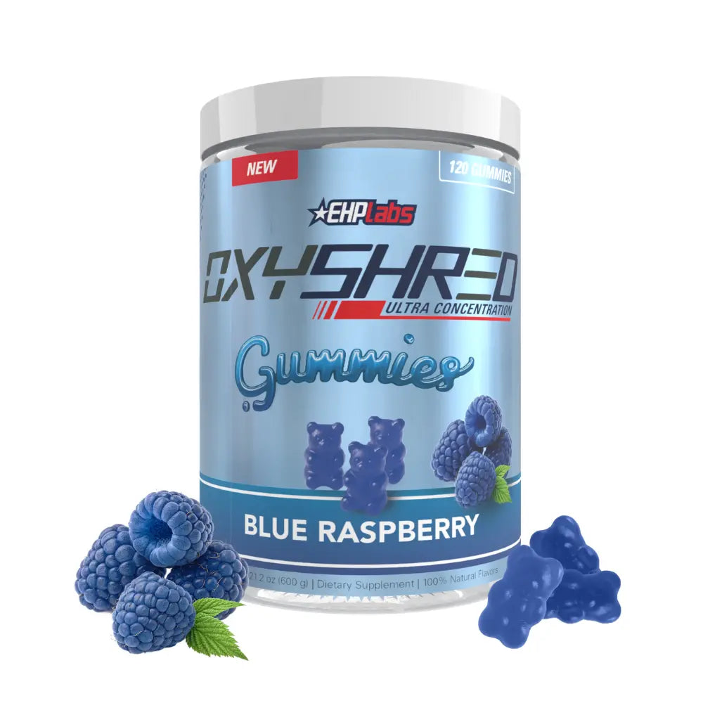 Ehplabs Oxyshred Gummies | 120Ct Juicy Strawberry & Blue Raspberry Pre Workout Gummy Zero Added Sugar L Carnitine & Natural Caffeine on the Go Energy, Edible Preworkout