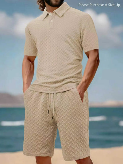 Please Purchase a Size Up. Men'S Solid Polo Shirt & Drawstring Waist Shorts Set, Cozy Breathable Two-Piece Outfits for Daily Outdoor Wear, Men Clothes for Summer.
