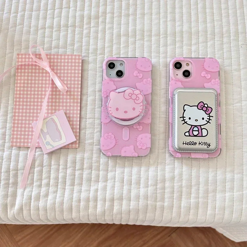 Cute  Hello Kitty Magnetic Wallet Bracket Magsafe Wireless Charge Phone Case for Iphone 16 15 14 13 12 11 Pro Max Cover