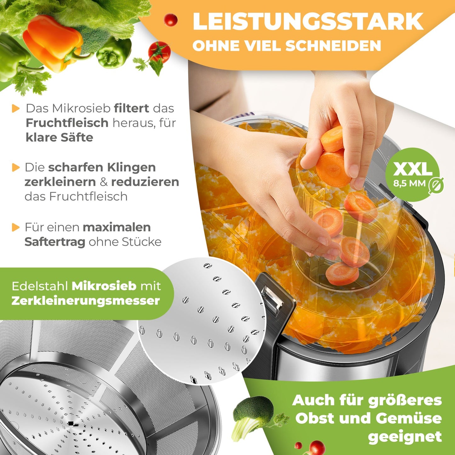 KESSER® Entsafter Saftpresse Edelstahl 1100W 85Mm Presse Obstpresse Saft Juicer