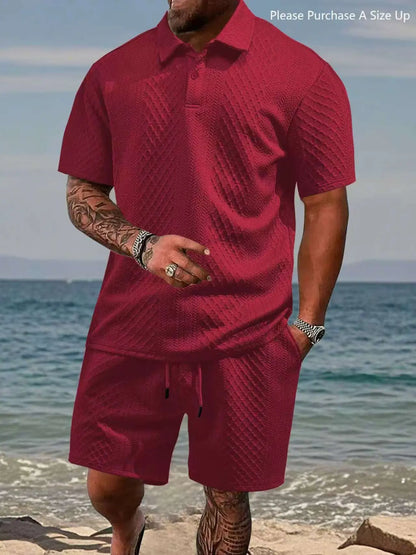 Please Purchase a Size Up. Men'S Solid Polo Shirt & Drawstring Waist Shorts Set, Cozy Breathable Two-Piece Outfits for Daily Outdoor Wear, Men Clothes for Summer.