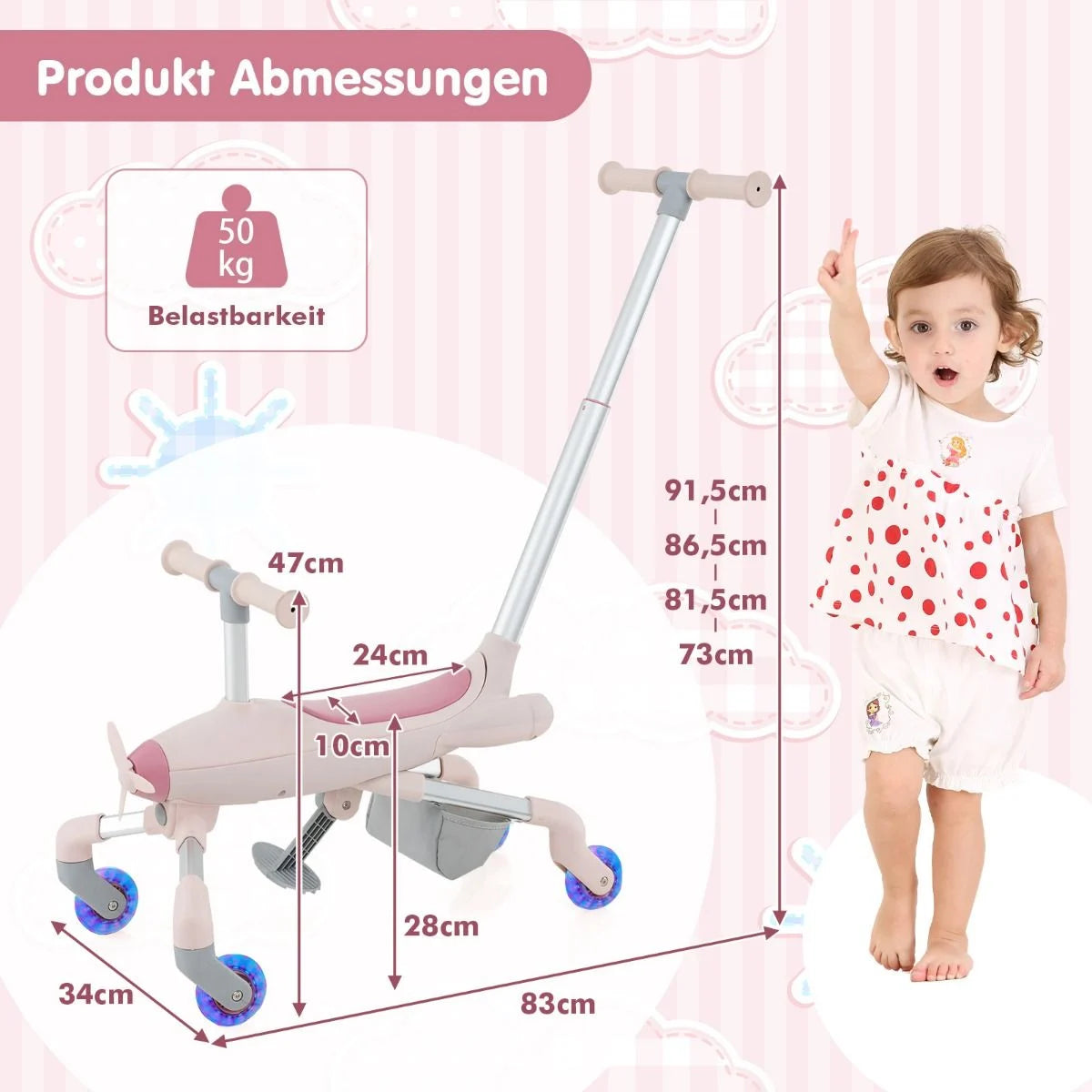 2-In-1-Rutschauto Für Kinder Schiebewagen Im Flugzeugmotiv Mit Led-Beleuchteten Rädern Bis Zu 50Kg Tragbar Blau/Rosa