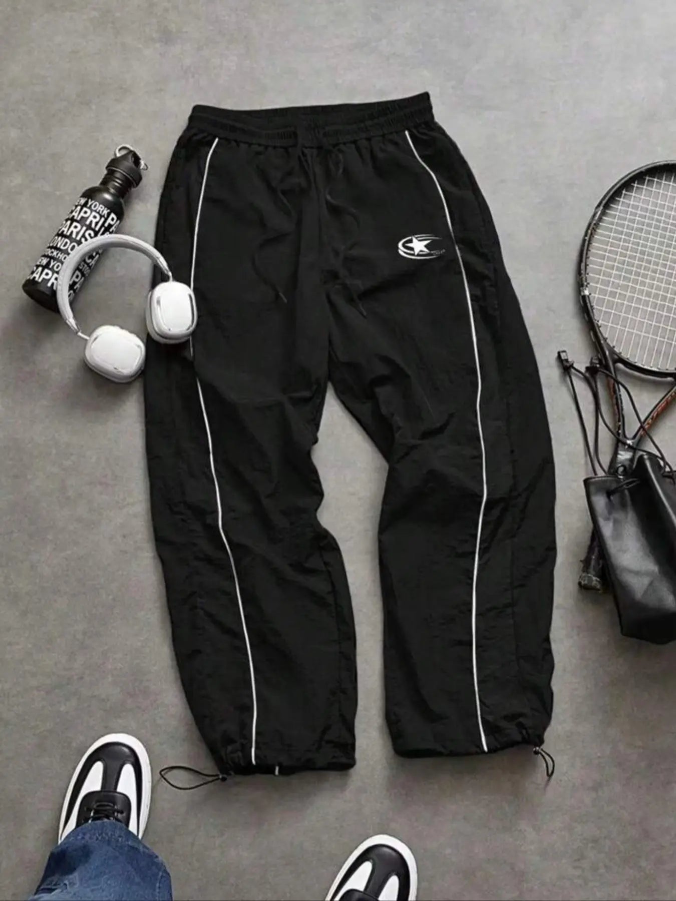 Men'S Casual Sporty Long Pants, Athleisure Pants, Loose Fit Elastic Cuff, Fashionable Print, Lightweight Fabric, Perfect for Daily Wear