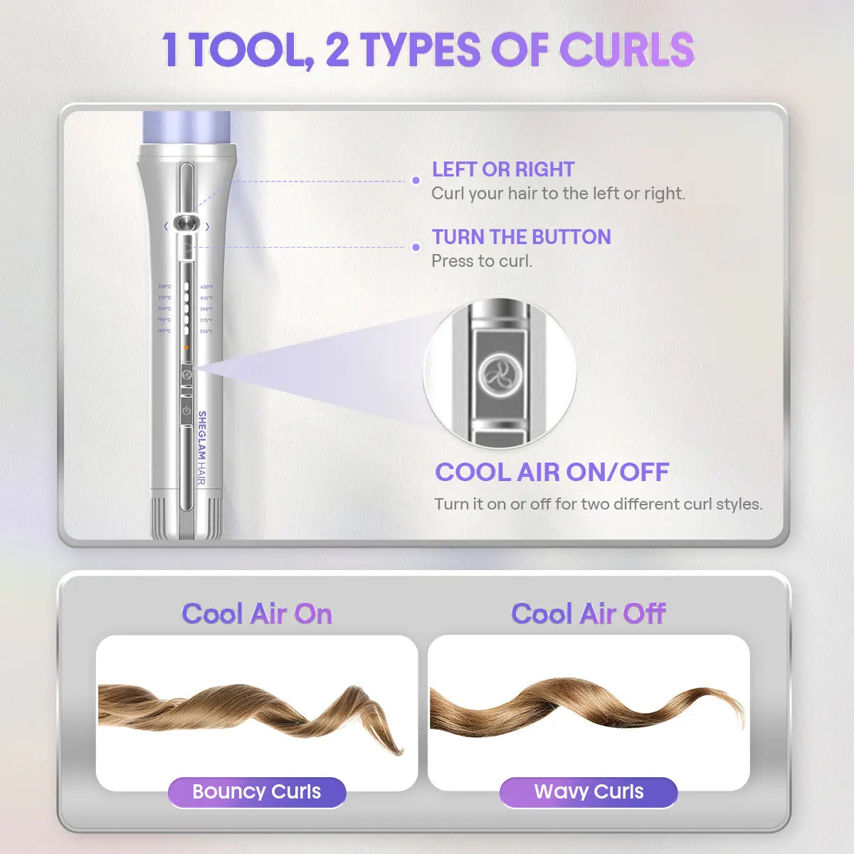 SHEGLAM HAIR One Touch Airflow Styler Pro-Silver Purple, Cool Air Auto Rotating Curling Iron, 5 Min Quick Styling, 360° Cooling Airflow, One Touch, Long Lasting, 5 Temps, anti Scald, Auto Off, All Hair Types, US Plug-Coachella-#Summervibes-Mothersdaygift