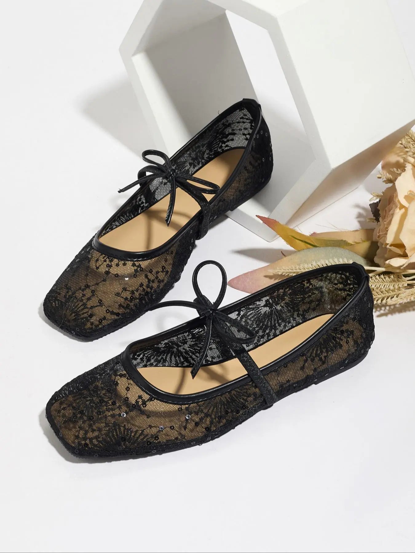 Women'S Embroidered Mesh Netted Ballet Flats, Elegant Square-Toe Flat Shoes for Parties and Daily Wear, Lightweight Breathable Comfortable Footwear for Women & Girls, Ballerina Flats Shoes