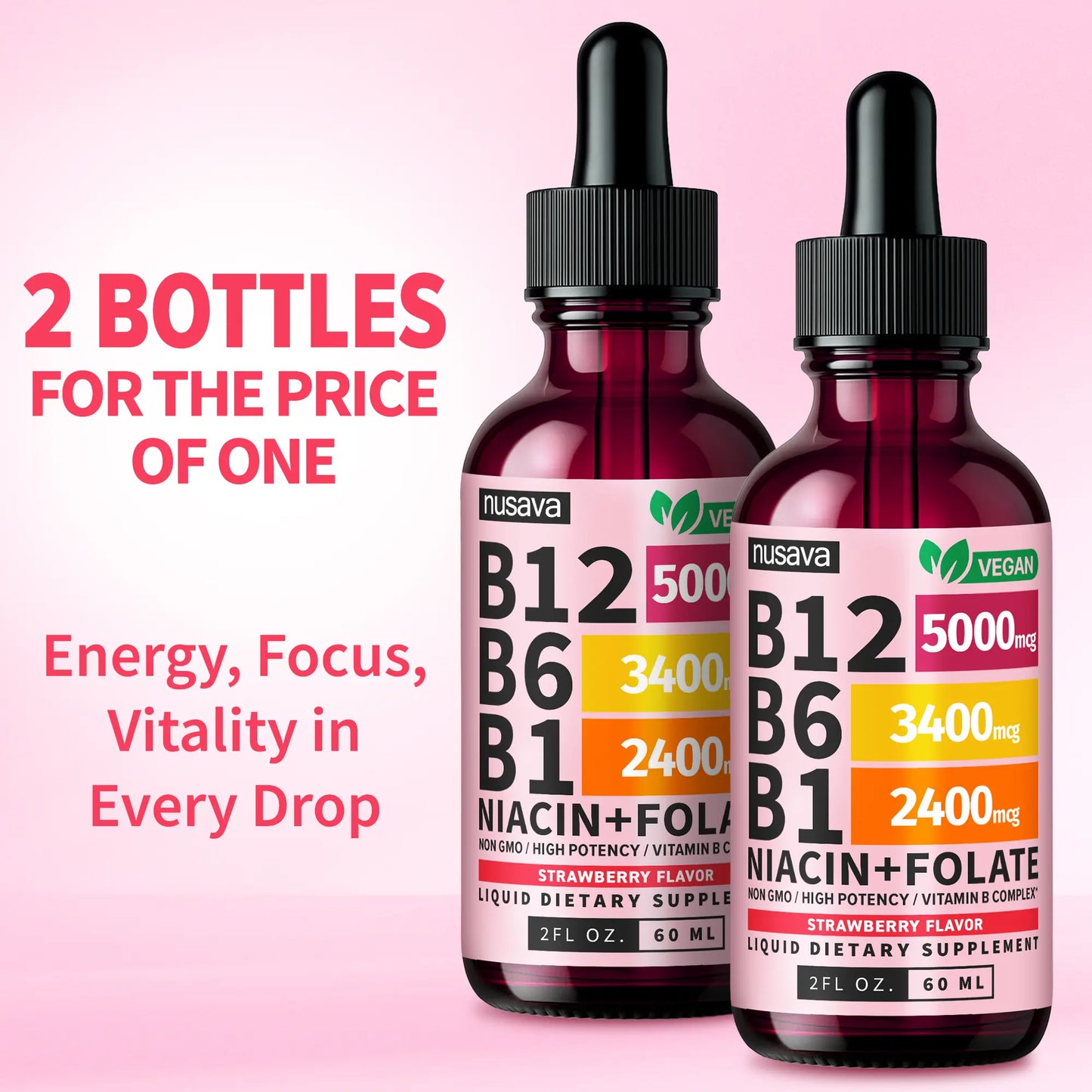 (2-PACK) Vitamin B12 Liquid Supplement Drops with B6, B1, Niacin & Folate - Edible Support for Energy, Brain & Heart, Non-Gmo & Gluten-Free, 4 Fl Oz Fitness Dietary