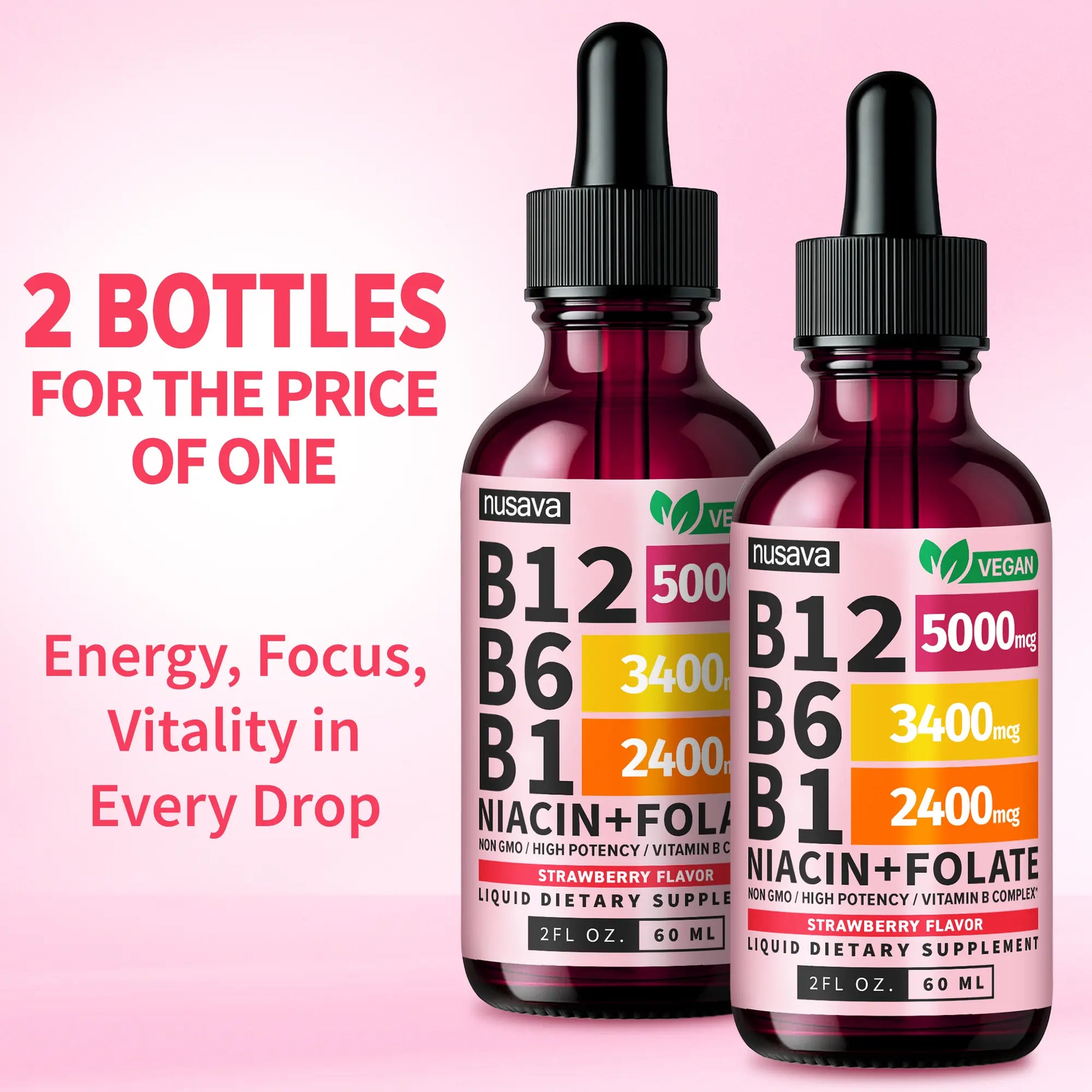 (2-PACK) Vitamin B12 Liquid Supplement Drops with B6, B1, Niacin & Folate - Edible Support for Energy, Brain & Heart, Non-Gmo & Gluten-Free, 4 Fl Oz Fitness Dietary